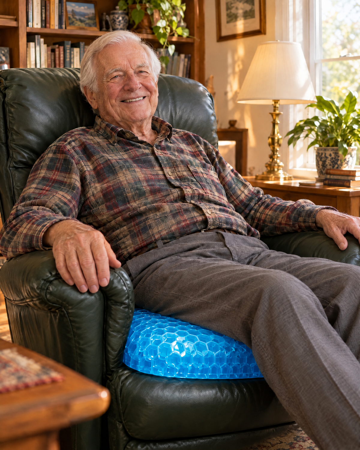 Homme âgé assis dans son fauteuil sur un coussin HoneyGel