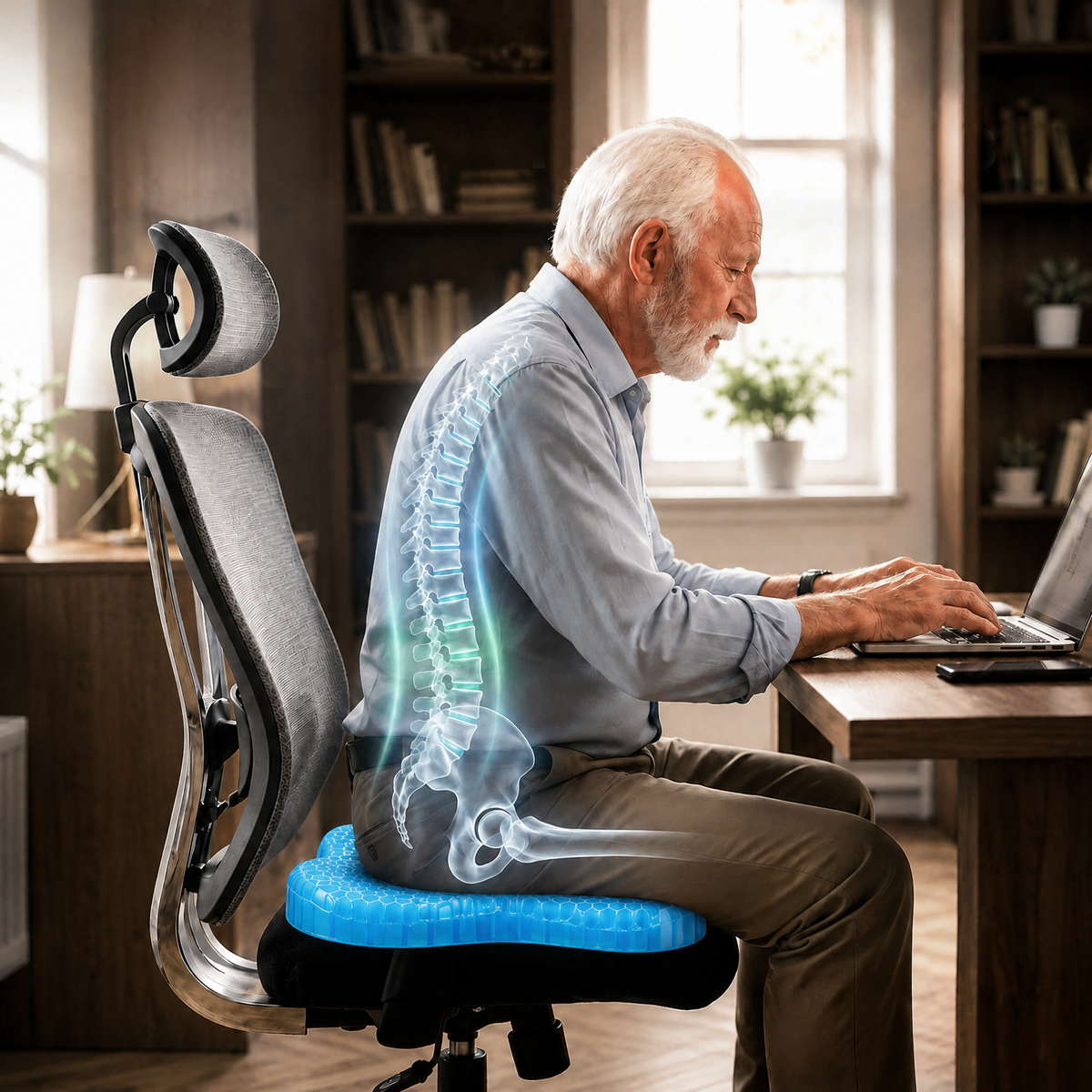 Homme âgé assis à son bureau sur un coussin HoneyGel, avec une radiographie de la colonne vertébrale