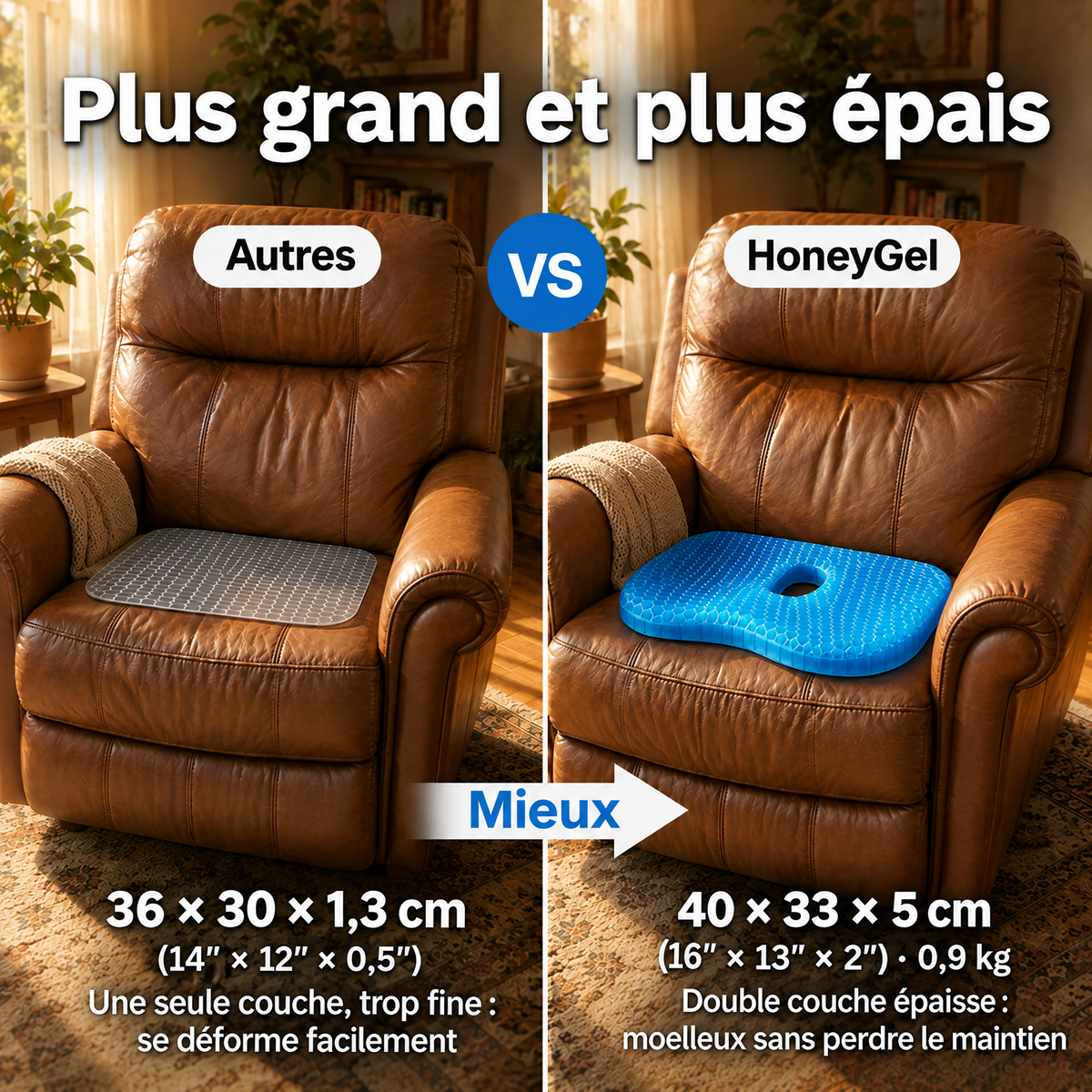 Comparatif : coussin HoneyGel plus grand et plus épais que les autres coussins, sur deux fauteuils en cuir