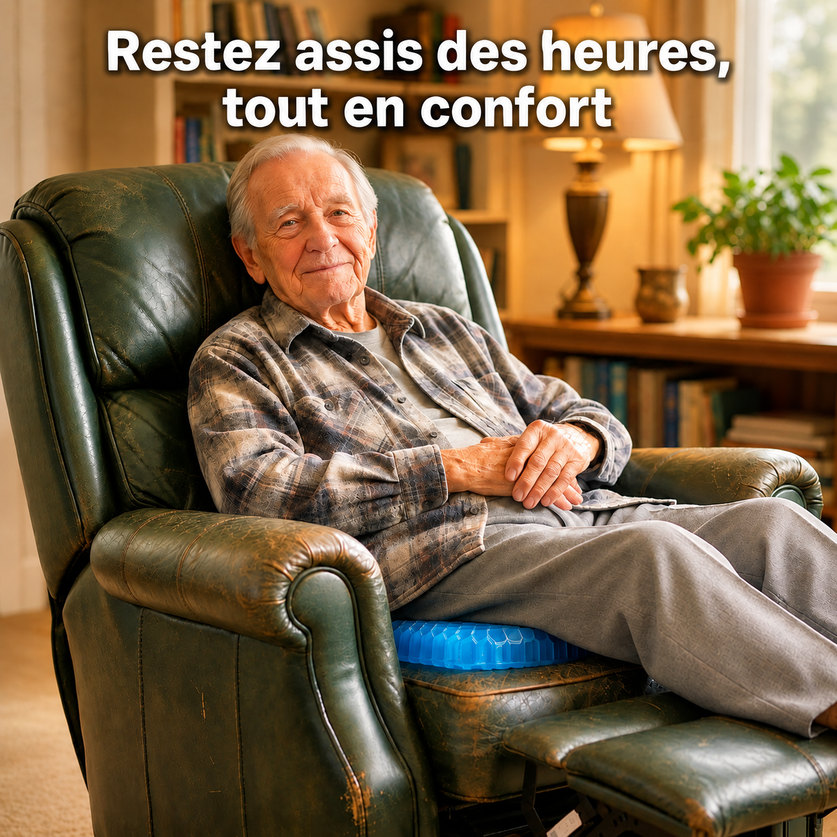 Homme âgé détendu dans un fauteuil inclinable vert, assis sur un coussin HoneyGel