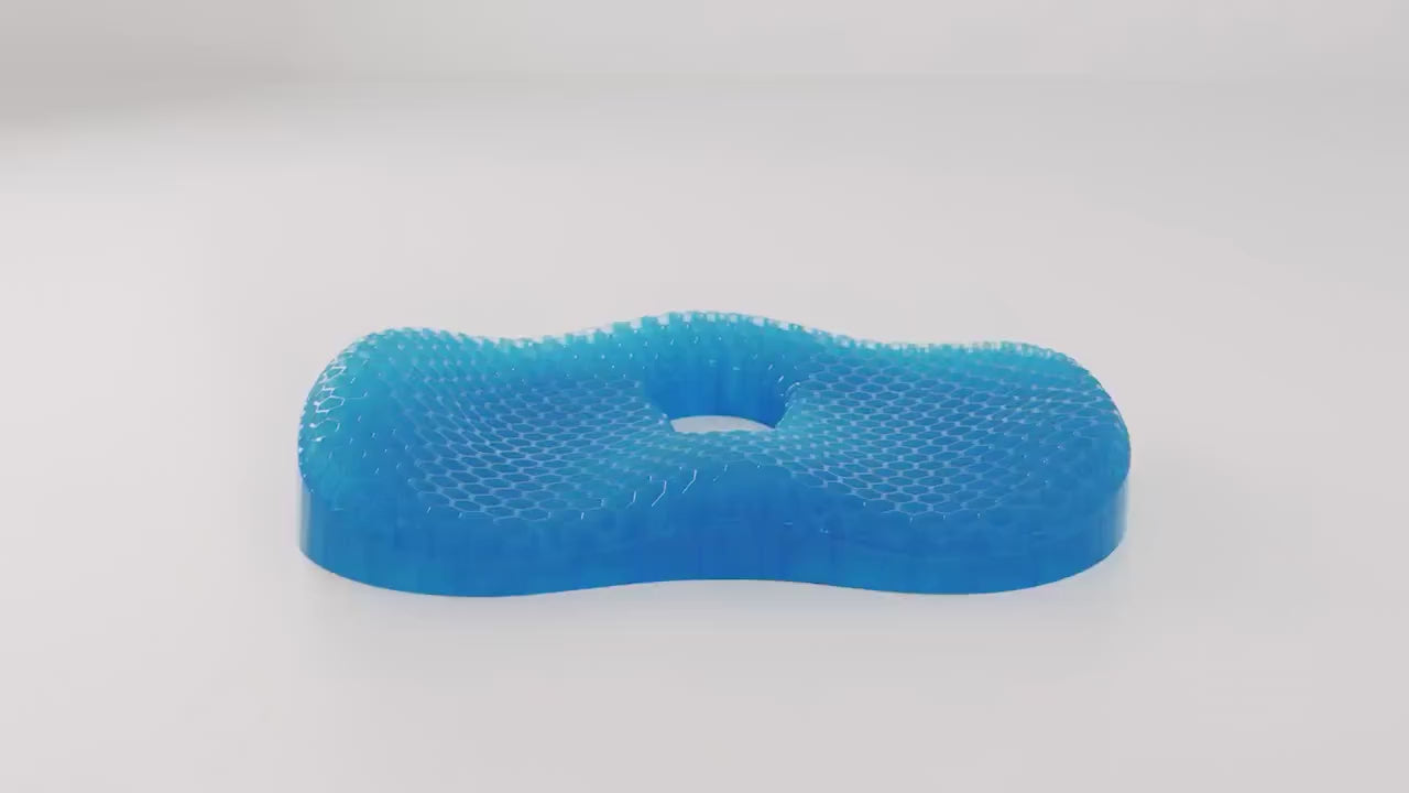 Détails du coussin HoneyGel : découpe en U, nid d'abeille, colonnes d'air