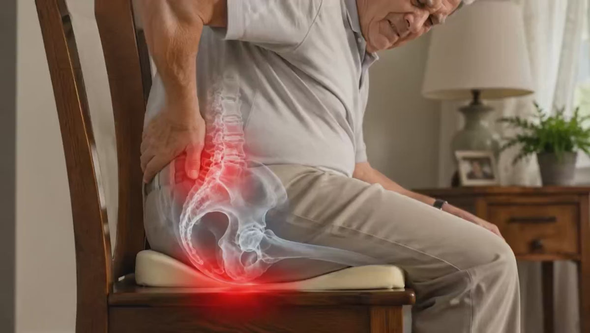 Assis sur un coussin en mousse, la pression se concentre sur le coccyx